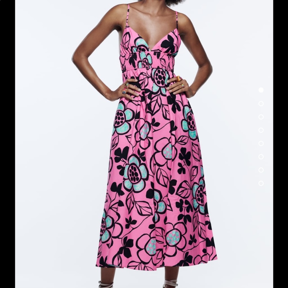 Zara pink floral print poplin midi dress